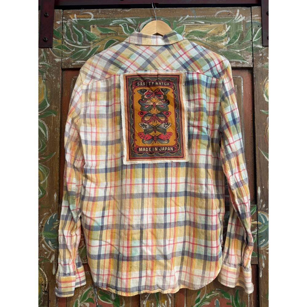 Plaid Button-Up Flannel Shirt w/ Vintage Safety Match Moth Patch Mens size M - Picture 6 of 7
